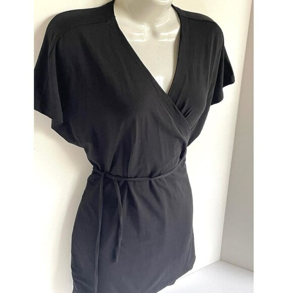 Eileen Fisher Wrap Top Womens Medium Black V-neck Short Sleeve Jersey Boxy - Picture 2 of 8